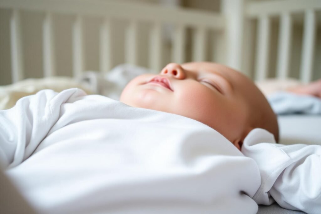Close up of sleeping baby chest rising while breathing calmly