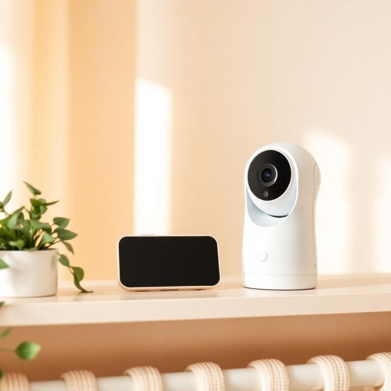 Nursery baby camera and dedicated monitor on a cream shelf — comparison scene