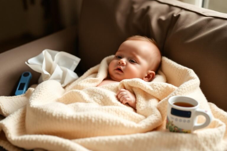 Sick baby with tissues thermometer and warm blanket on a couch
