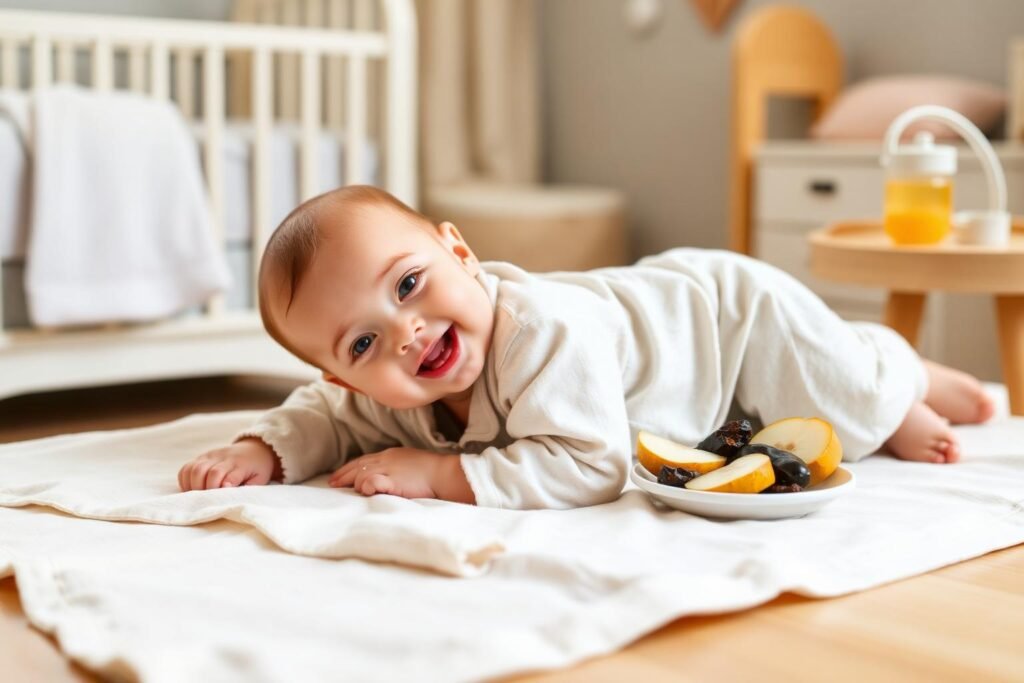 Parent bicycling baby's legs to relieve constipation on a soft mat