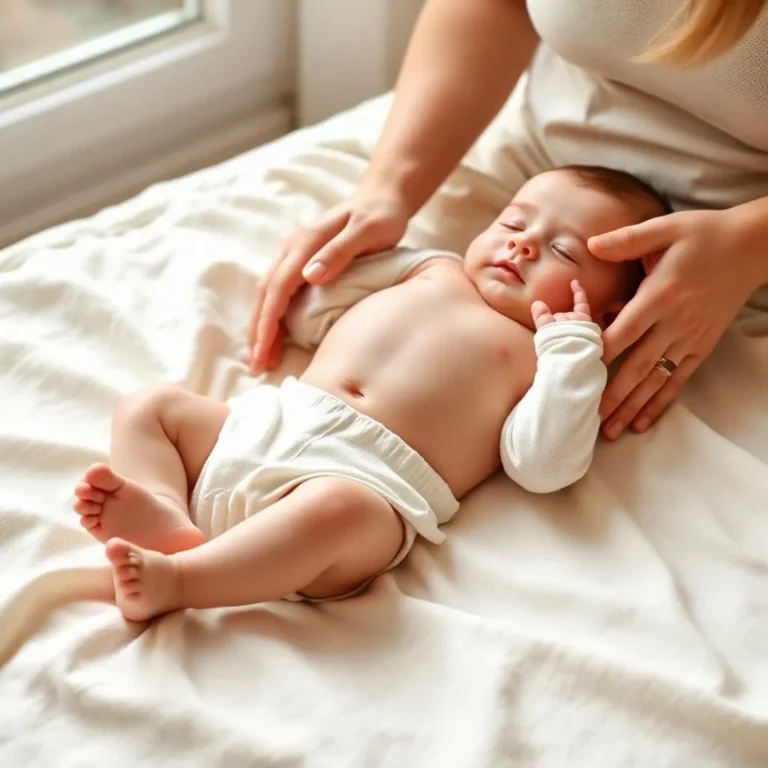Gentle baby constipation relief with clockwise tummy massage on soft muslin blanket