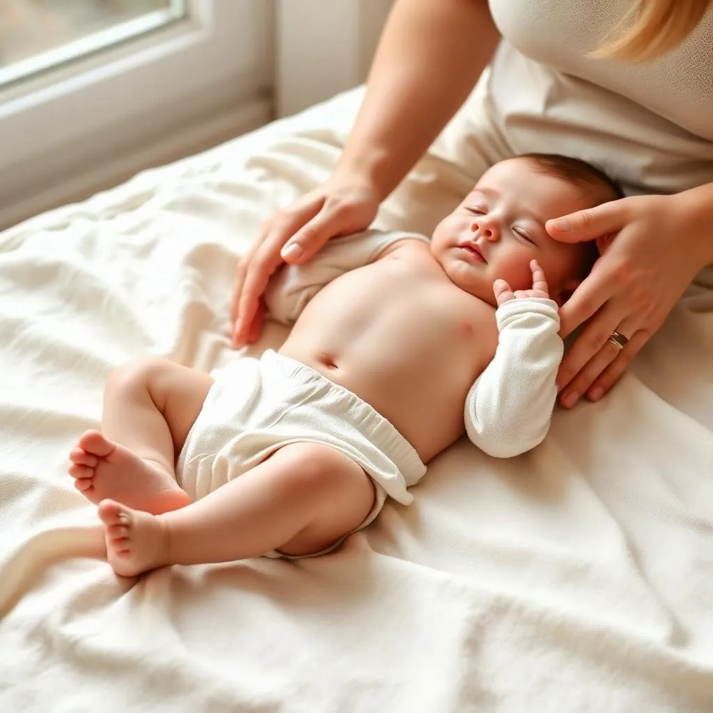 Gentle baby constipation relief with clockwise tummy massage on soft muslin blanket