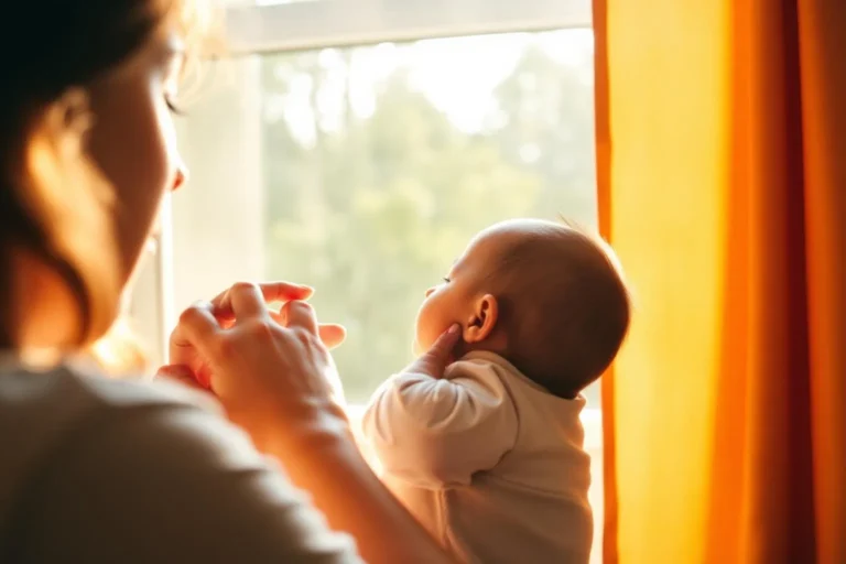 What to do when baby crying after feeding: parent holding calm infant by window