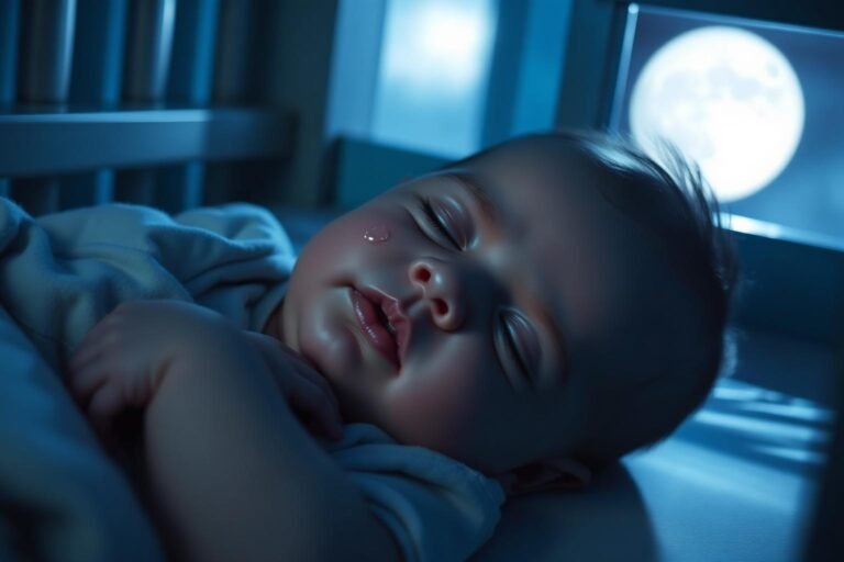 Baby crying softly during sleep in crib with moonlight