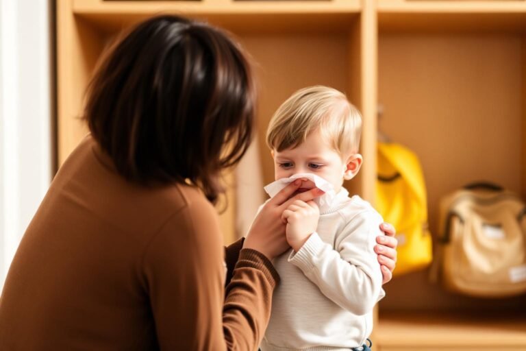 Toddler with a runny nose being comforted by a parent at daycare drop off