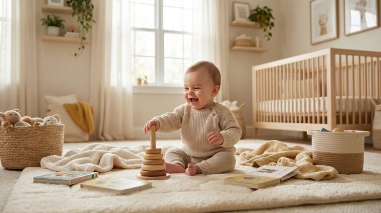 Baby playing and reaching developmental milestones in a nursery