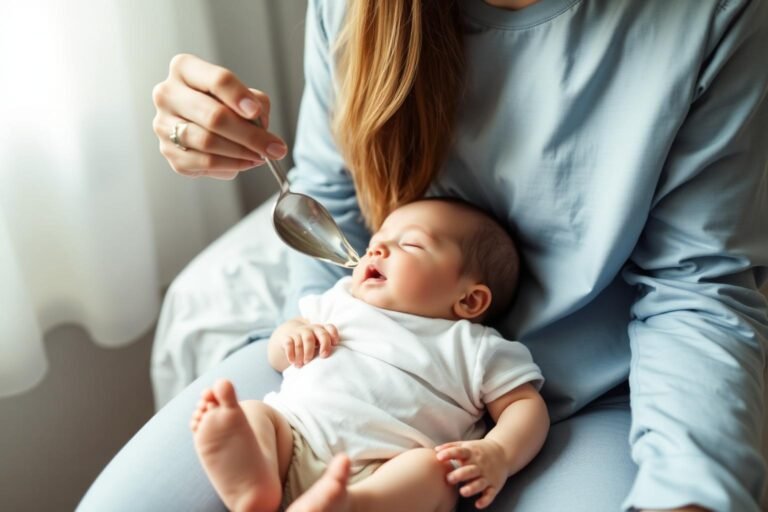 Parent gently feeding a baby oral rehydration solution from a small spoon