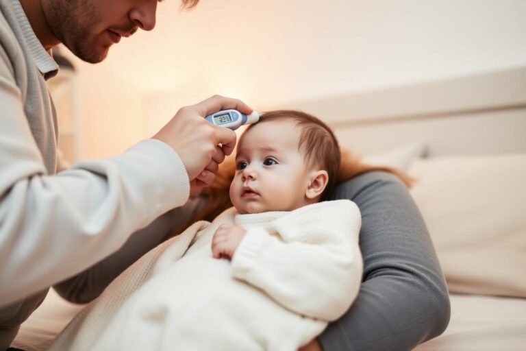 Parent checking a baby fever with a digital thermometer at home