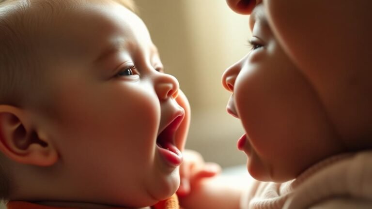 Baby first words timeline: a baby babbling to a parent leaning in close