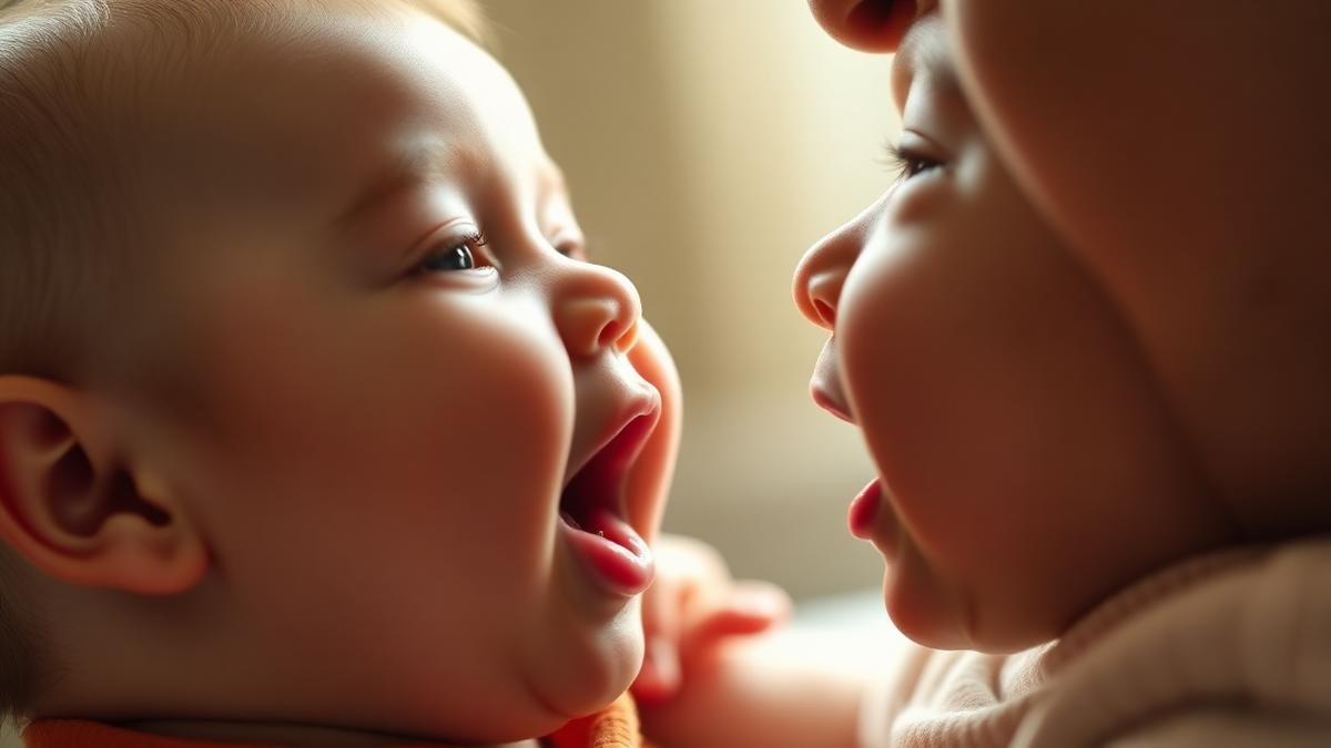 Baby first words timeline: a baby babbling to a parent leaning in close