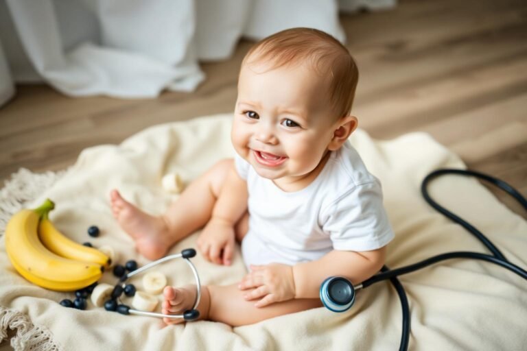 Happy healthy baby with fresh fruits and a stethoscope suggesting immune health