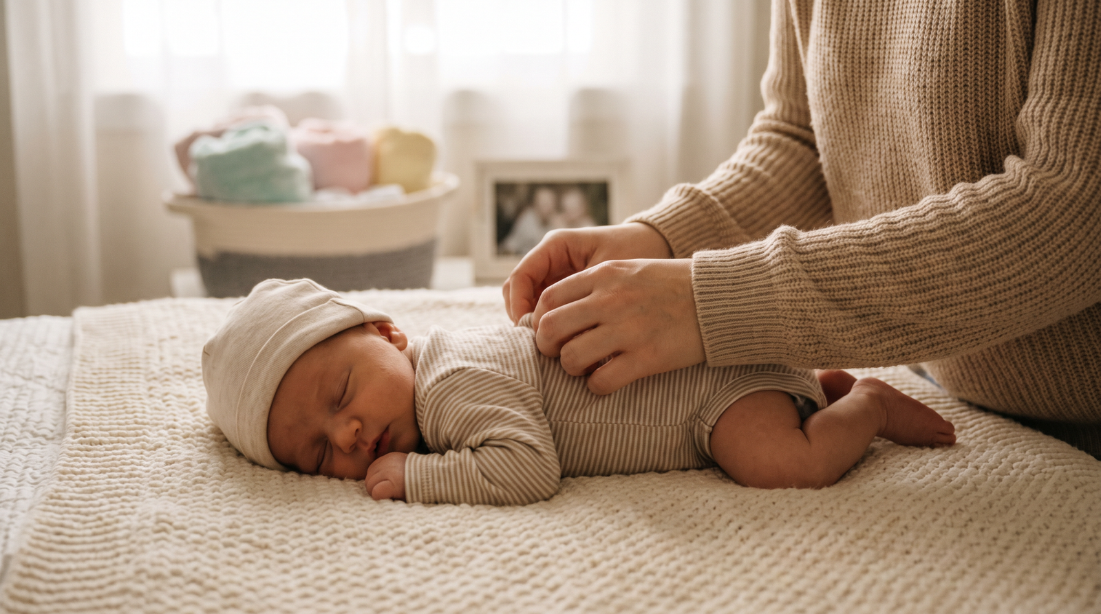 Mother gently massaging her newborn baby on soft blanket