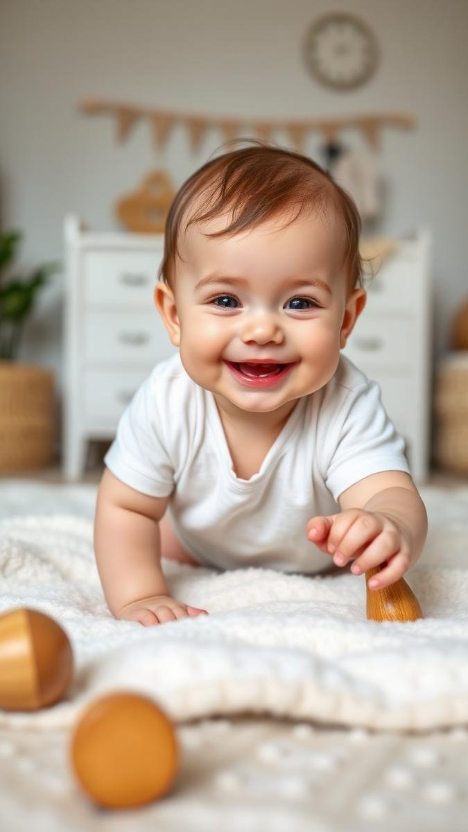 Smiling baby during tummy time reaching for a wooden toy showing developmental milestones