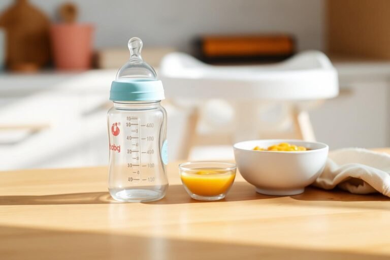 Baby bottle and puree bowl on kitchen counter near highchair