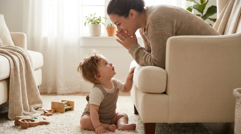 Parent gently calling baby's name as baby looks toward them