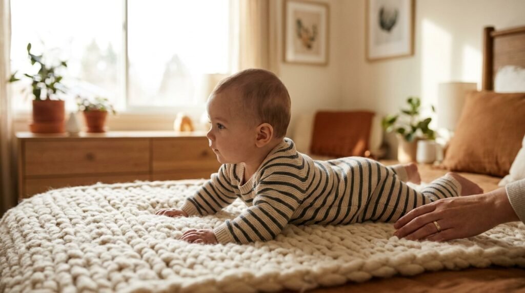 Six-month-old baby during tummy time attempting to roll over