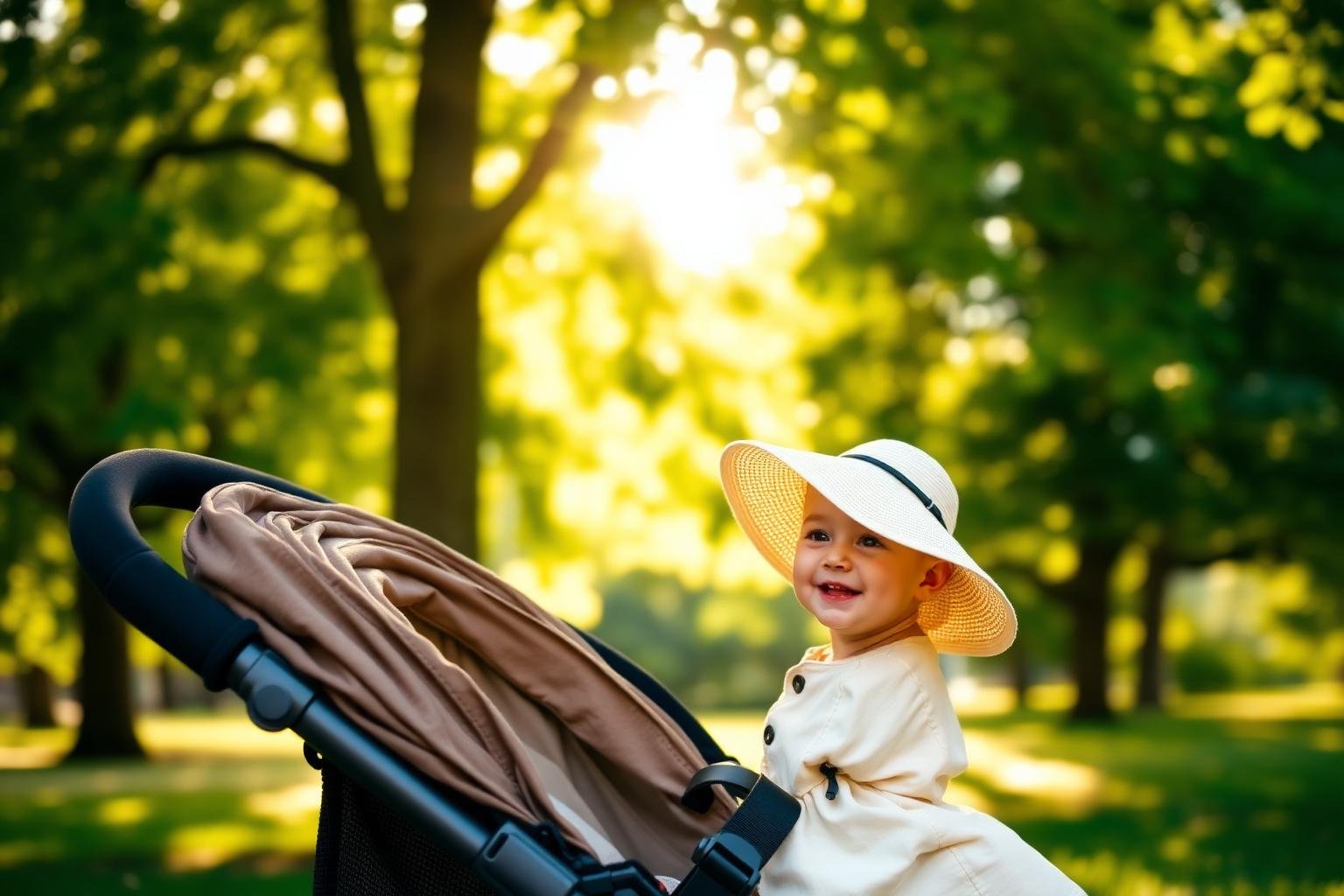 Baby in a wide-brim sun hat resting in a stroller under dappled shade