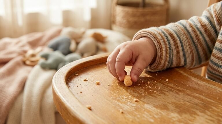 Baby using a pincer grasp to pick up a small snack