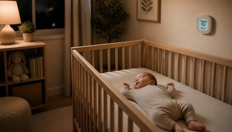 Sleeping baby in a crib with a digital nursery thermometer showing a safe room temperature of 70°F