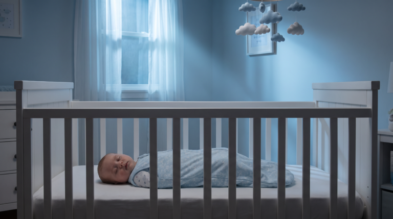 Peaceful sleeping baby in crib with soft moonlight in nursery