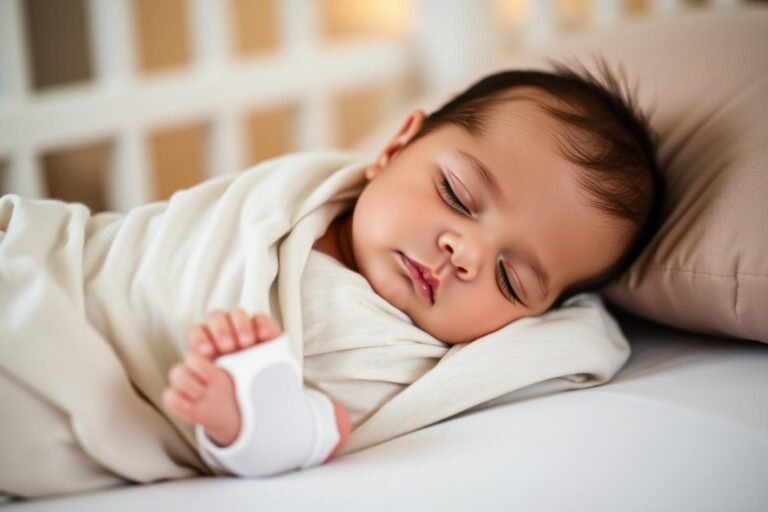 Baby wearing a smart sleep-tracking sock on their foot in a soft-lit nursery