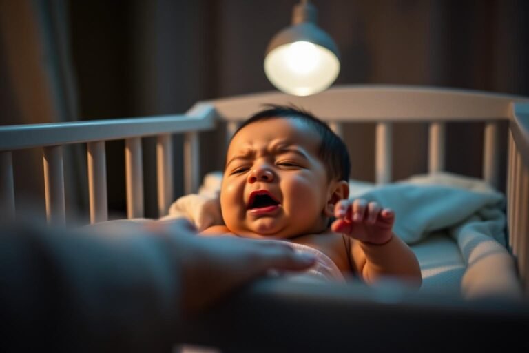 3-month-old baby crying at night in crib being soothed by parent