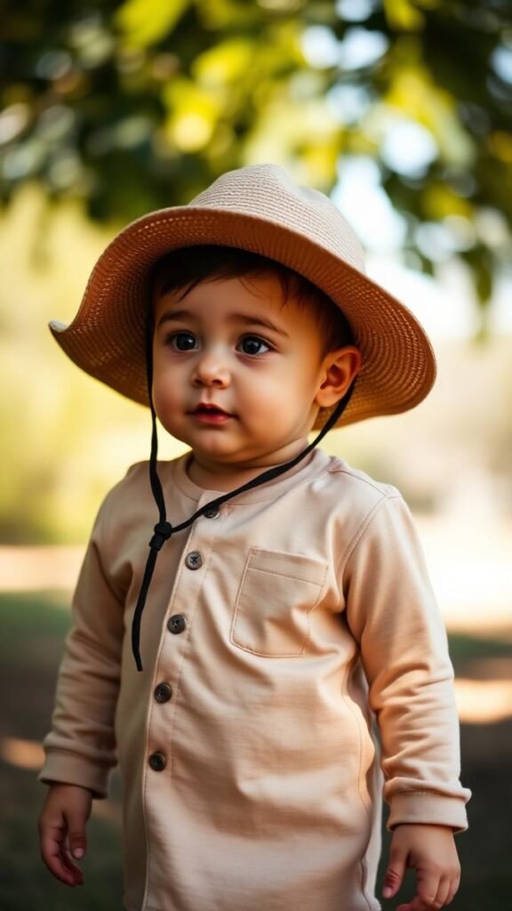 Baby wearing a sun hat and long sleeves in the shade for sun protection