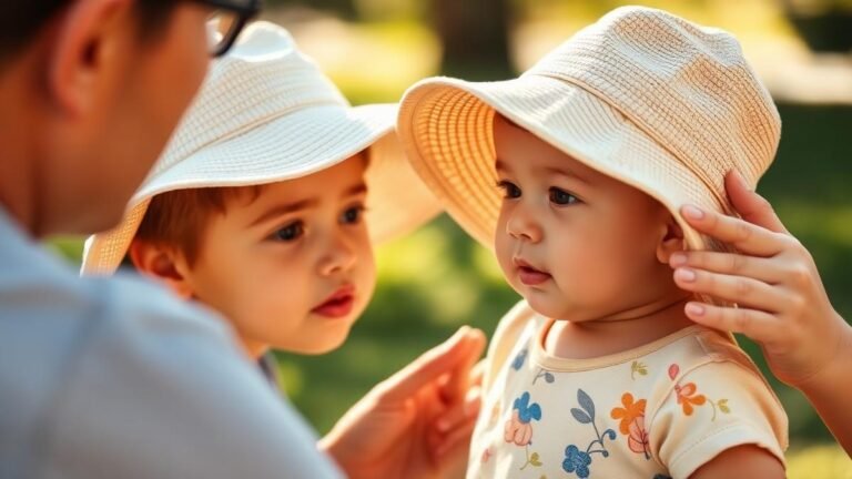 Baby sun safety: a baby wearing a sun hat in the shade while a parent applies sunscreen