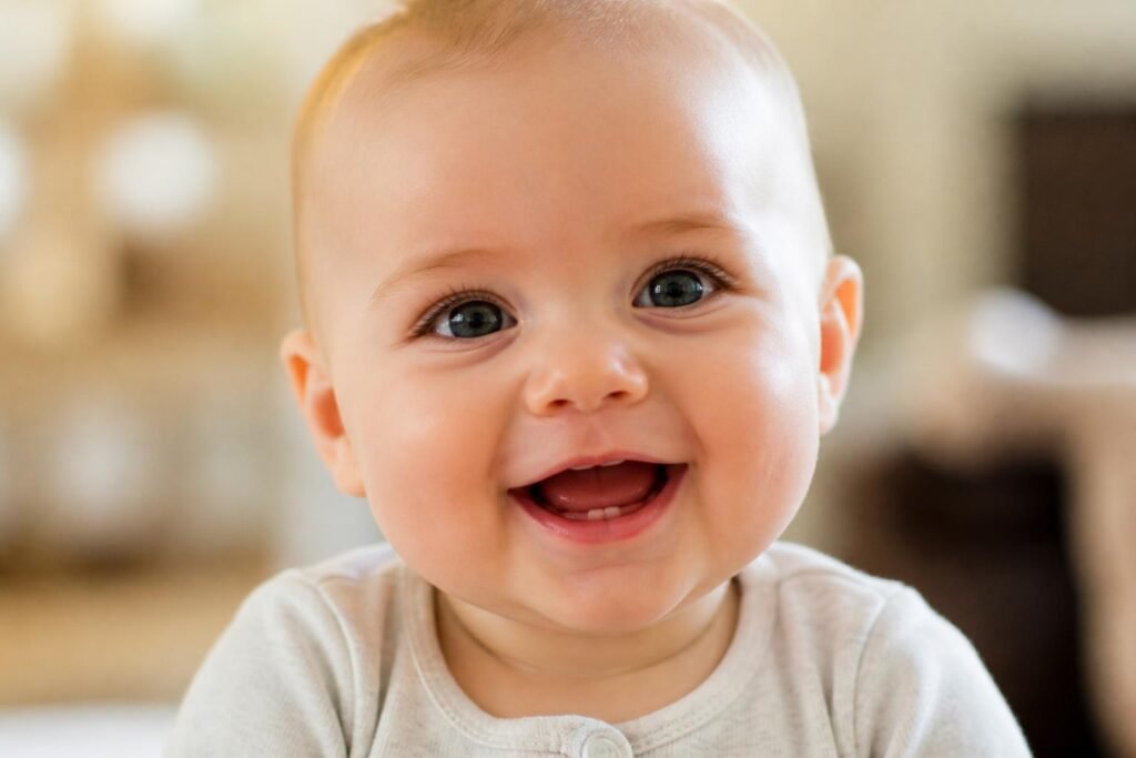 Smiling baby showing first erupting bottom teeth from the baby teeth eruption timeline