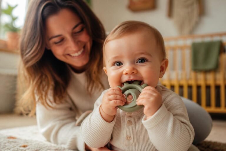 Baby chewing a silicone teether during teething with a parent smiling nearby
