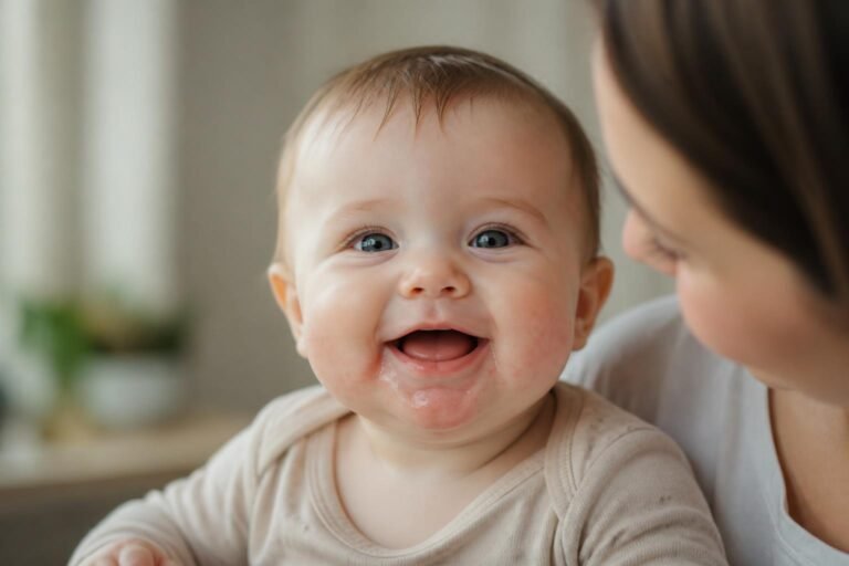 Baby with a teething rash (drool dermatitis) on the chin and cheeks