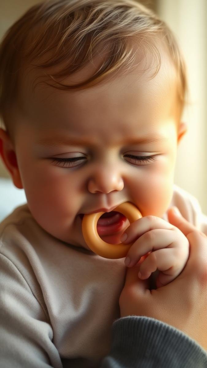 Baby teething symptoms and relief: a teething baby chewing on a soft silicone teething ring
