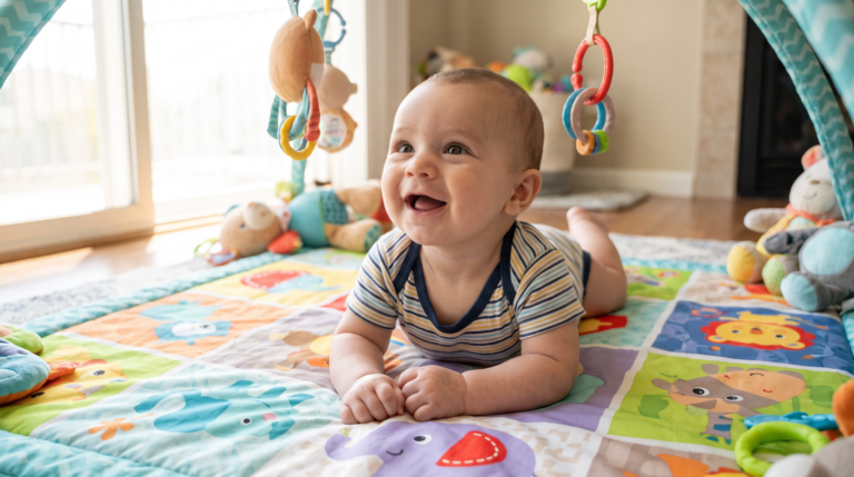 Happy baby doing tummy time on colorful play mat developing motor skills