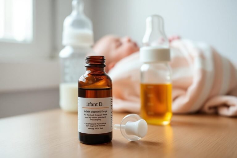 Dropper bottle of baby vitamin D supplement next to a bottle and swaddled newborn