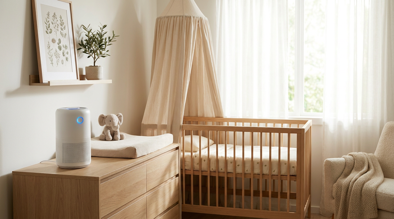 Modern white air purifier running quietly in a softly lit baby nursery
