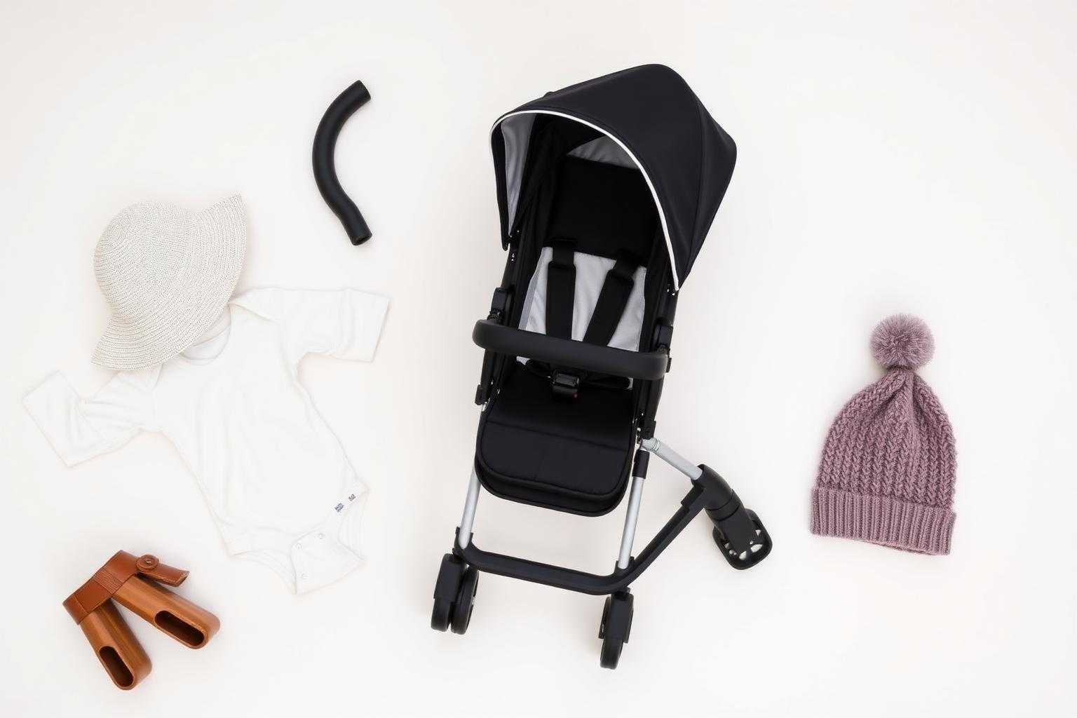 All-season baby gear flat lay with convertible stroller, layered onesies and hats