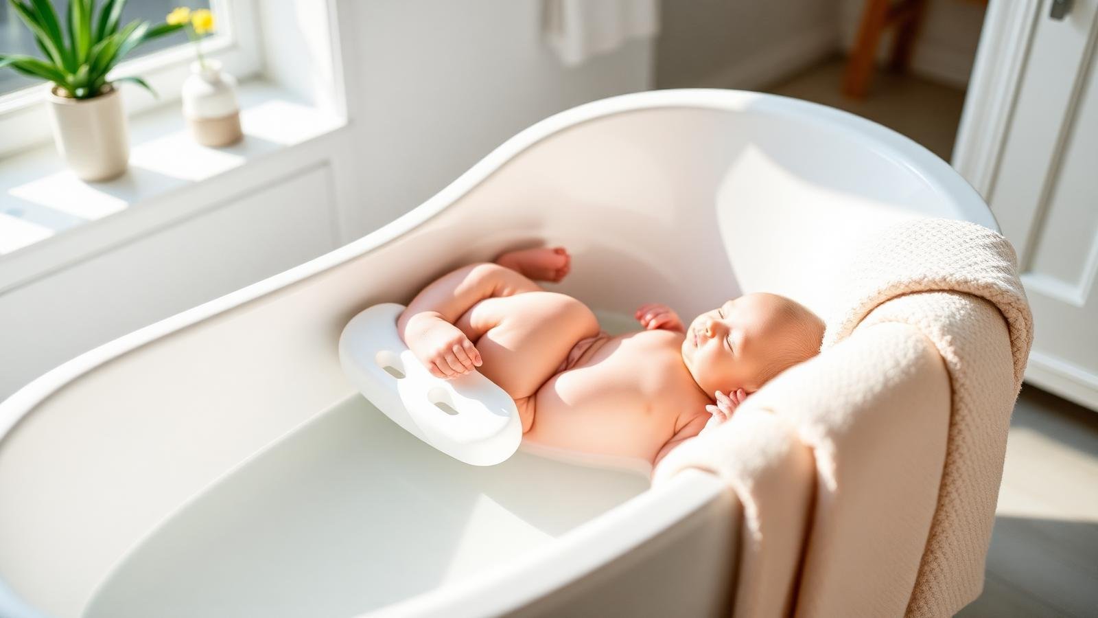Newborn baby bathtub with an ergonomic bath support insert in a bright, clean bathroom