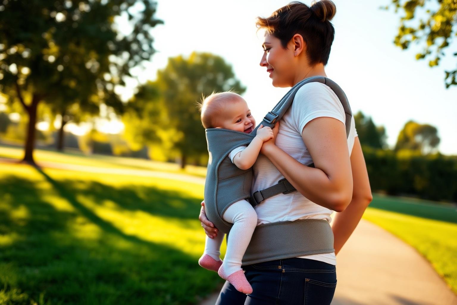 Parent walking outdoors wearing baby in an ergonomic soft-structured carrier