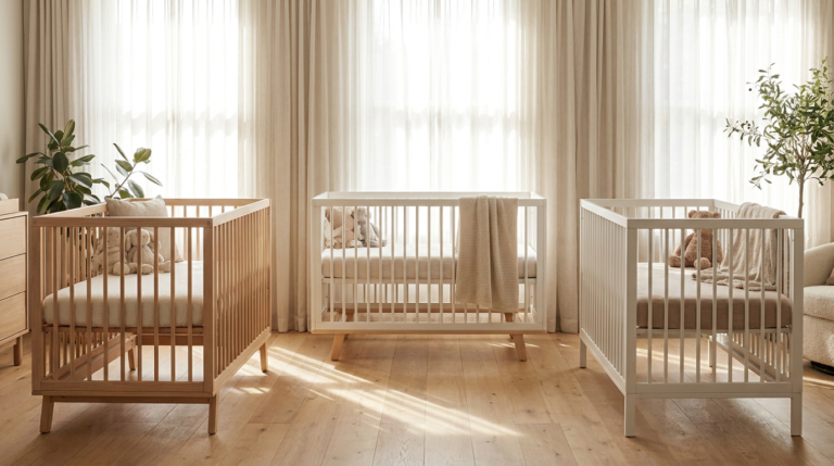 Certified-safe wooden baby crib with fitted sheet in a bright, minimalist nursery