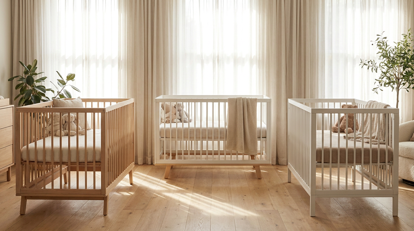 Certified-safe wooden baby crib with fitted sheet in a bright, minimalist nursery