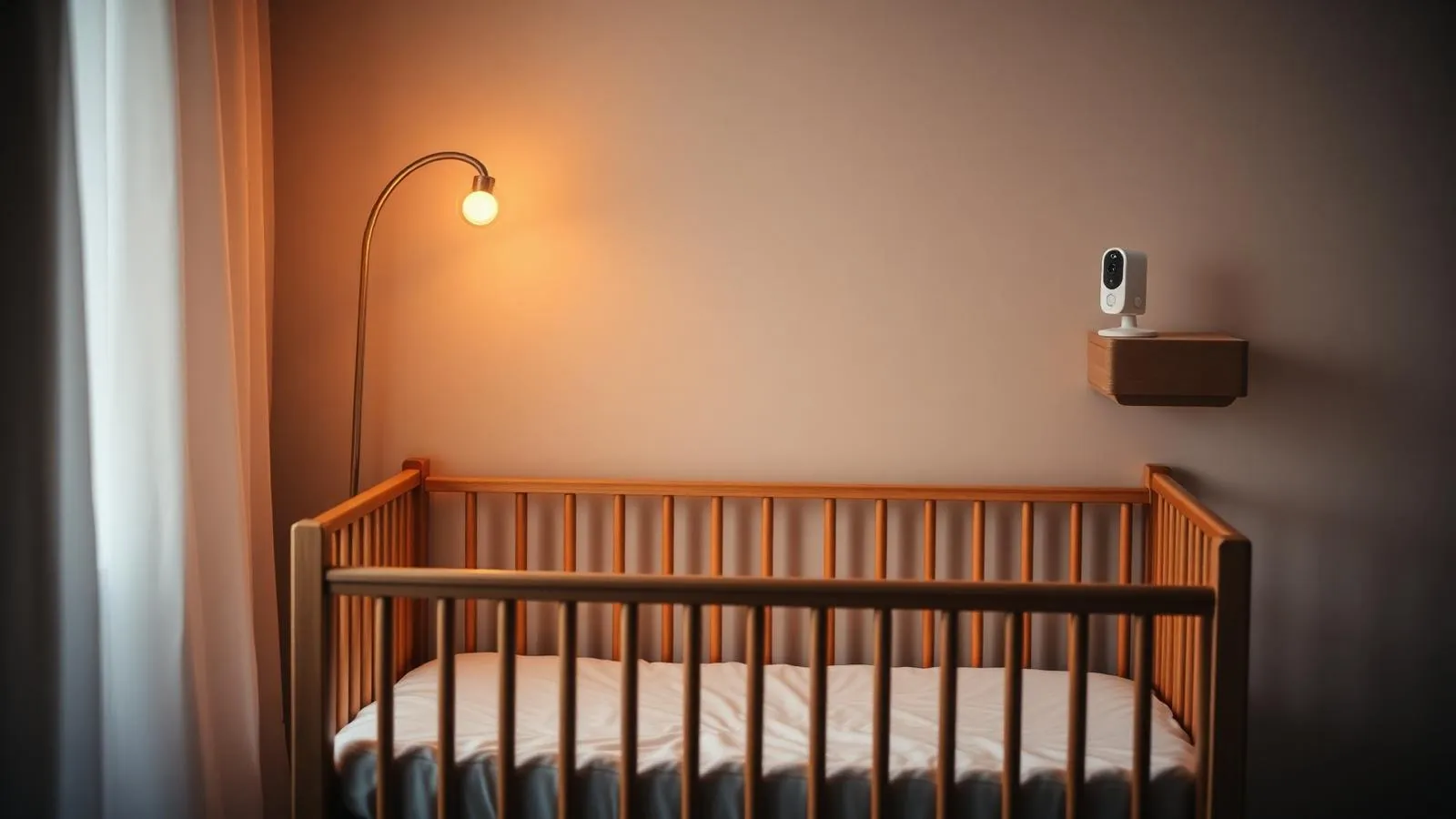 Nursery with the best baby monitor camera on a shelf keeping watch over a wooden crib at night
