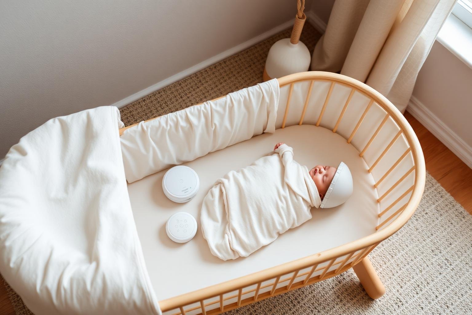 Baby sleep essentials in bassinet with swaddle and white noise machine