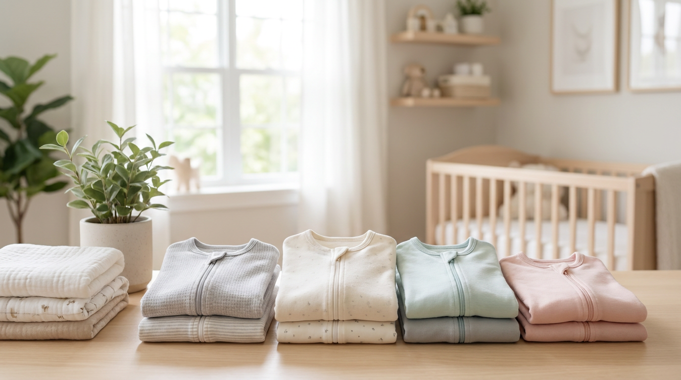 Baby sleeping peacefully in a cotton sleep sack, with TOG-rated sacks folded nearby
