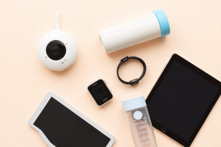 Flat lay of modern baby tech gadgets including monitor camera thermometer and smart bottle