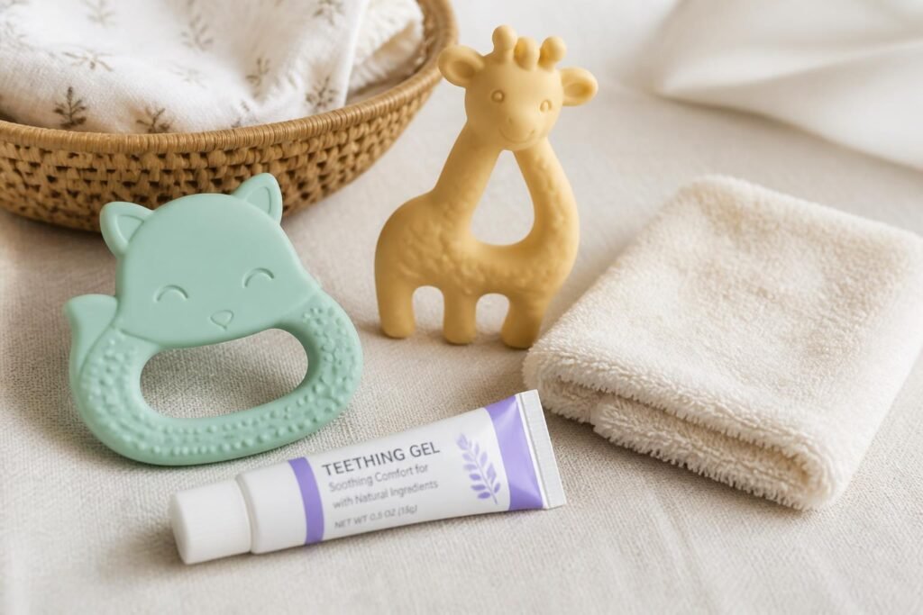 Best baby teething relief products including a silicone teether, natural rubber toy, cooling washcloth and teething gel