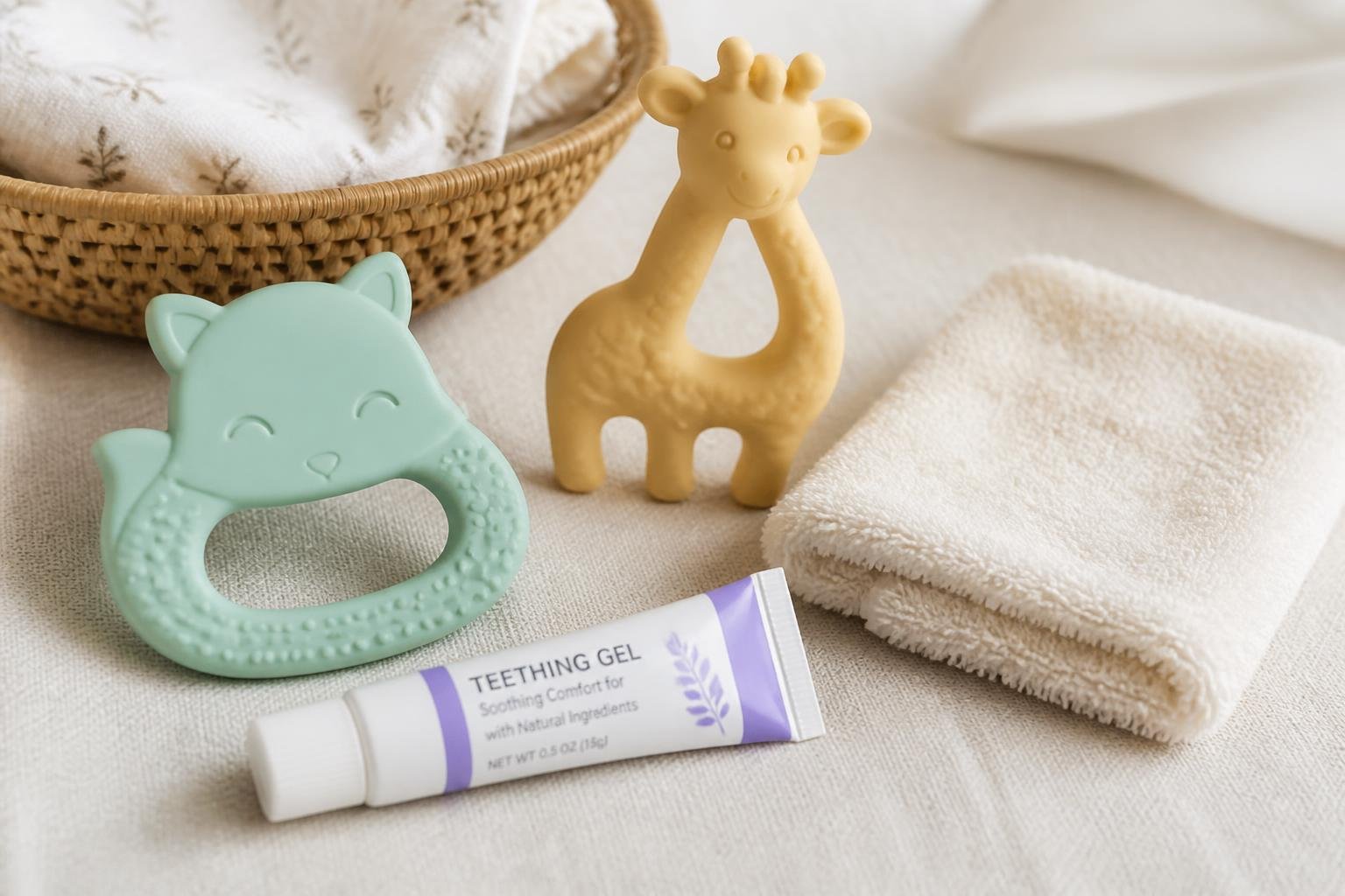 Best baby teething relief products including a silicone teether, natural rubber toy, cooling washcloth and teething gel