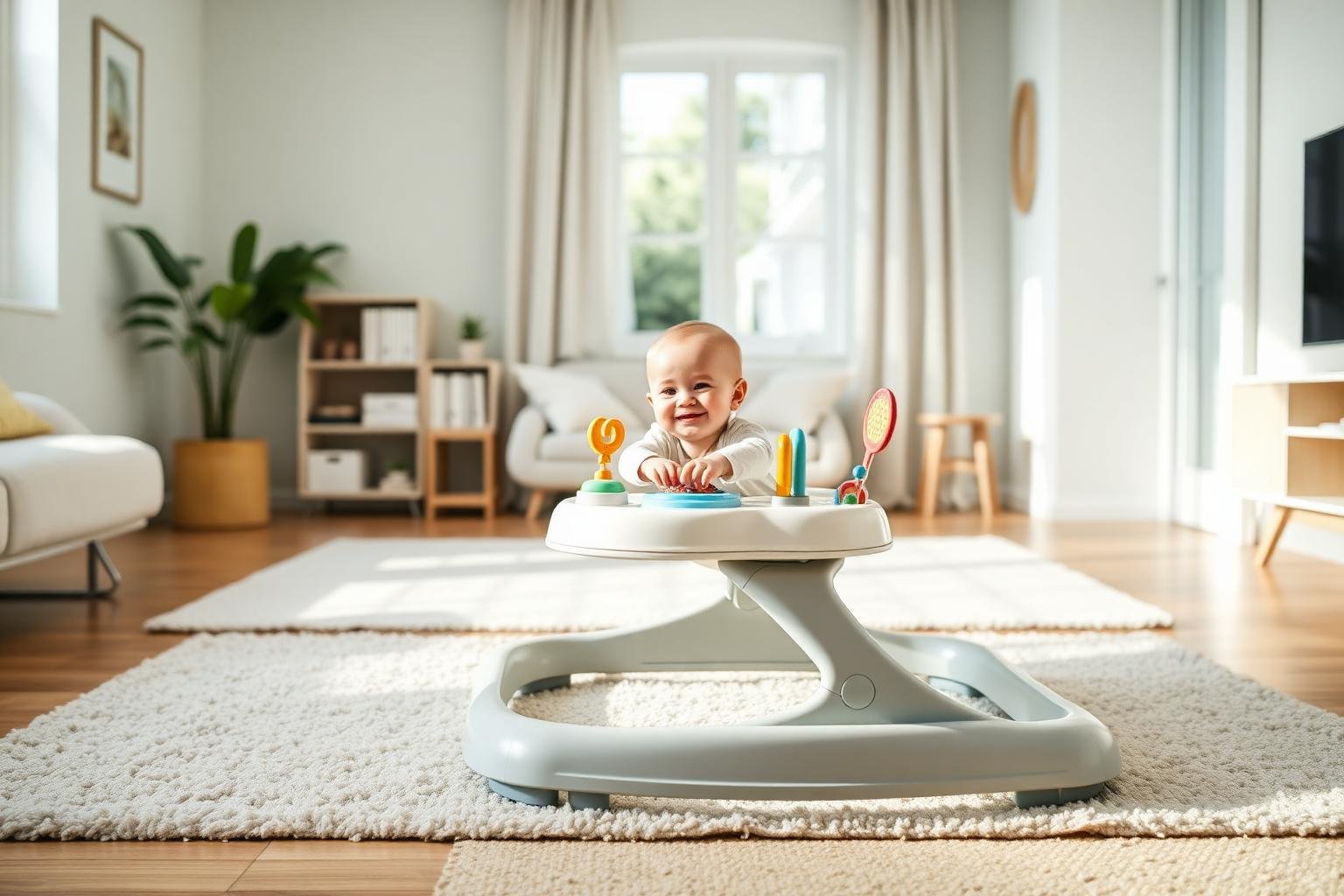 Baby in a stationary activity center as a safer alternative to baby walker