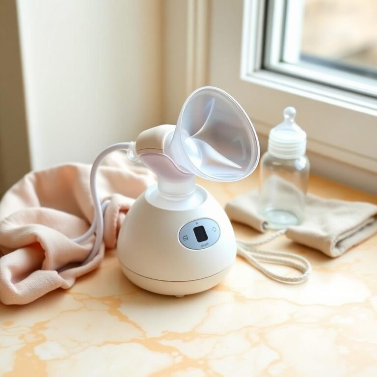 Modern electric breast pump on a warm cream marble countertop next to a glass baby bottle and folded muslin cloth