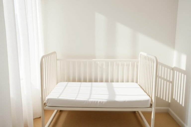 Safe empty crib with firm flat mattress and fitted sheet in bright nursery
