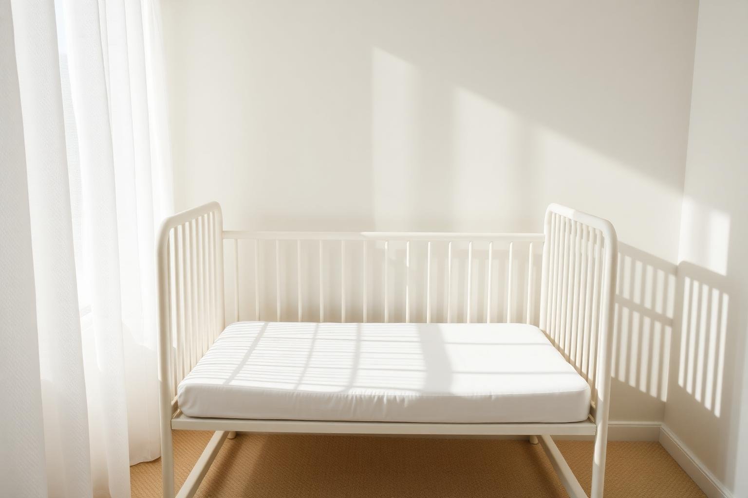 Safe empty crib with firm flat mattress and fitted sheet in bright nursery